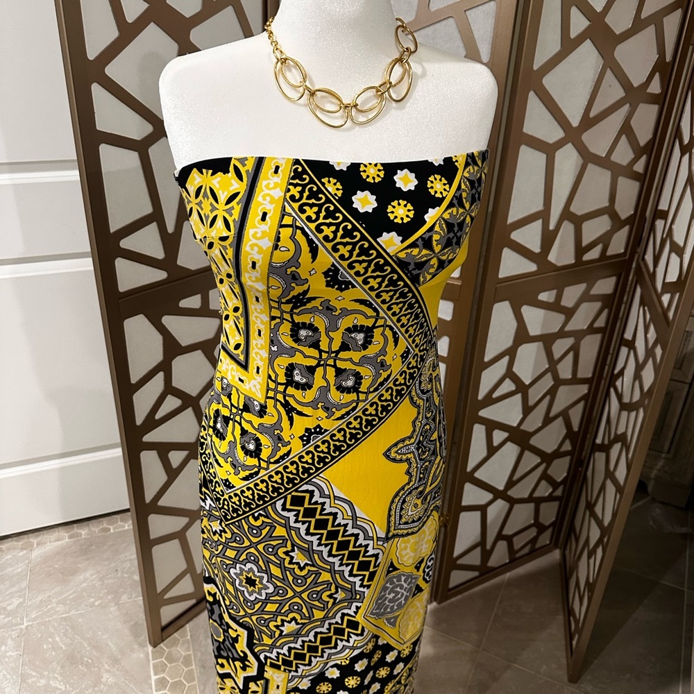 Cache Vibrant Yellow and Black Patterned Dress